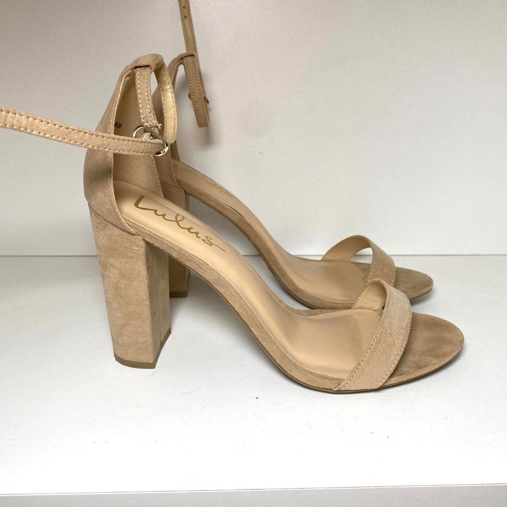 Lulu's Taylor Natural Suede Ankle Strap Block Heels Platform Sandals Nude Beige - Picture 3 of 7